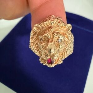Lion Ring with Diamond and Ruby accent in solid 14k Gold for woman or men.size 9